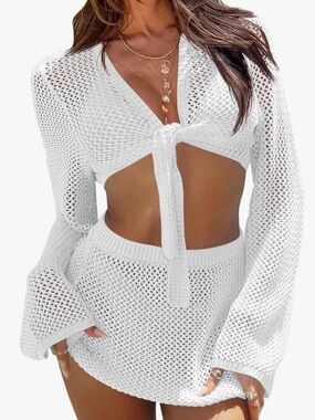 Fisoew White Crochet Swim Cover-Up Set - Tie Front Top & Skirt